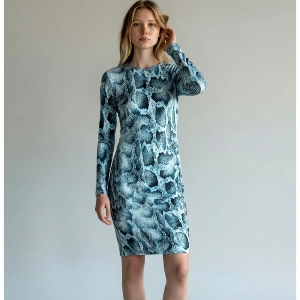 Elie Tahari Liora Ruched Blue Snakeskin Print Sheath Dress NWT Size S Bodycon